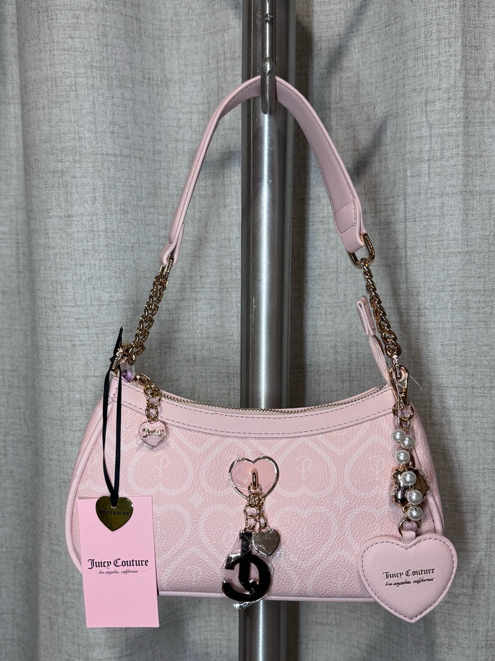 Juicy Couture Light Pink Logo Charm Shoulder Bag with Gold Chain Accents